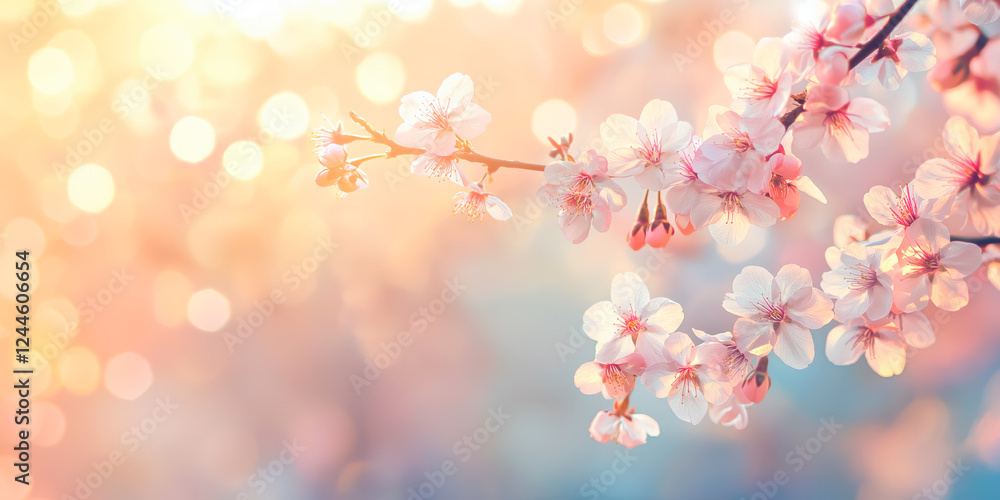 Cherry blossom on branch with golden sunlight and blurred background, banner with copy space Cherry blossom on branch with golden sunlight and blurred background, banner with copy space