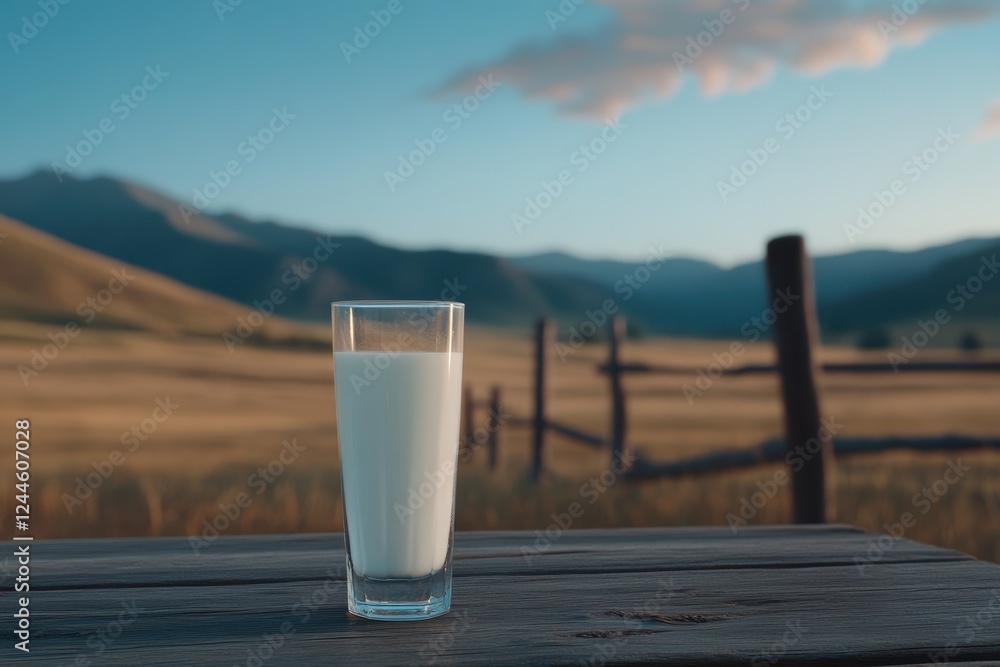 Refreshing Glass of Milk on a Rustic Table with Scenic Mountain Landscape in Background Refreshing Glass of Milk on a Rustic Table with Scenic Mountain Landscape in Background
