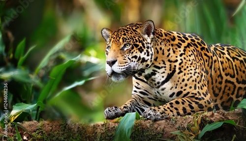 Majestic Jaguar on the prowl amidst the dense Amazonian Jungle, with Eyes Sharp as Daggers and Camouflaged by the Green Canopy, Capturing the Fierce Beauty of Natures Apex Predator. photo