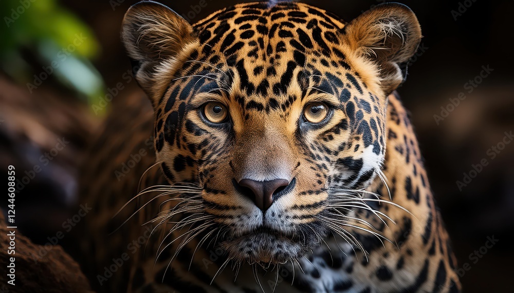 Obraz premium Striking Jaguar Up Close at Sunset in a Serene Savannah, Capturing the Majesty and Power of Natures Apex Predator as it Gazes into the Distant Horizon