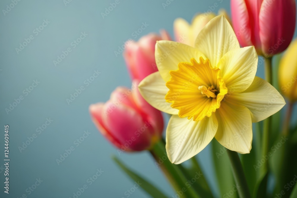 Close-up of delicate daffodil and tulip blossoms , vibrant, floral Close-up of delicate daffodil and tulip blossoms , vibrant, floral