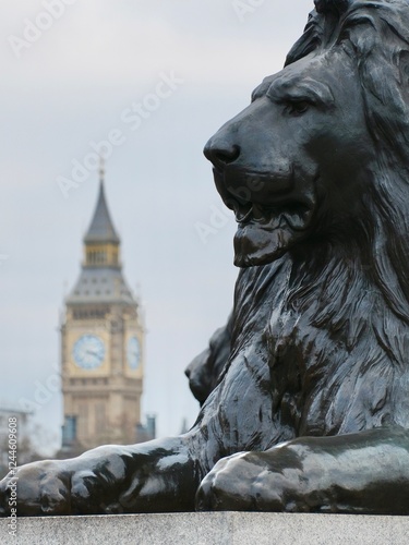 Photography Lion statue in London, Big Ben,