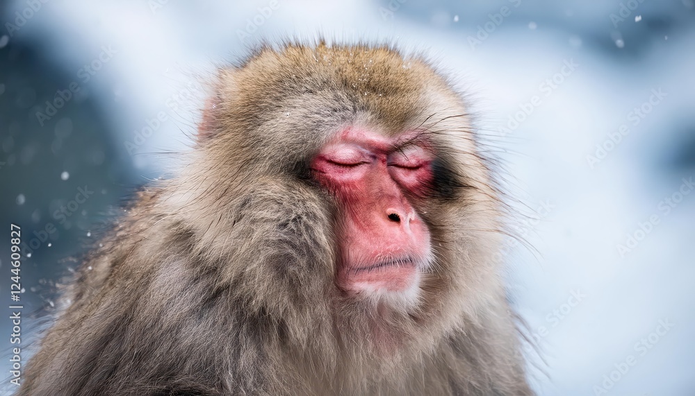 Peaceful Japanese Snow Macaque Closed Eyes in a Winter Wonderland, Captured in the Majestic SnowCovered Forest of Japan Peaceful Japanese Snow Macaque Closed Eyes in a Winter Wonderland, Captured in the Majestic SnowCovered Forest of Japan
