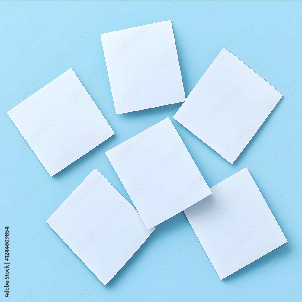 Five white blank cards on a light blue background evenly spaced with soft shadows minimalistic design Topdown view isolated clean and minimalistic Five white blank cards on a light blue background evenly spaced with soft shadows minimalistic design Topdown view isolated clean and minimalistic