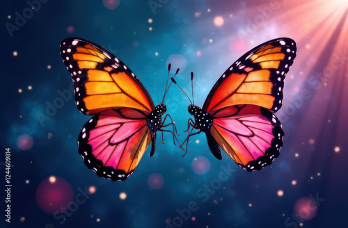 Two vibrant butterflies with intricate patterns and vivid colors float gracefully amidst a cosmic backdrop filled with soft light and abstract shapes, creating a mesmerizing visual experience. photo