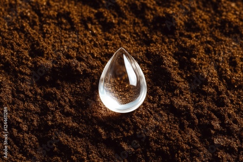 Transparent water droplet resting on rich brown soil, highlighting environmental sustainability, moisture retention, and agricultural growth, emphasizing nature and hydration concept photo