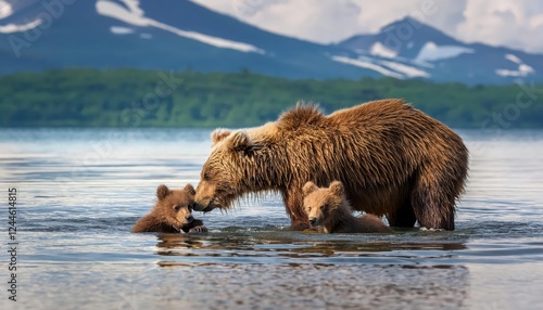 Stunning Kamchatka Brown Bear Family Fishing on Kuril Lake Majestic Beringian Brown Bear Encountering a School of Fish in a Vibrant Landscape at Dusk photo