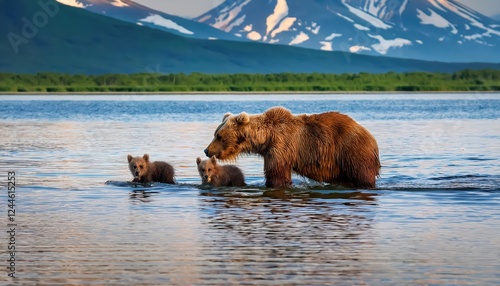 Vivid Moment Kamchatka Brown Bear with Cubs Fishing on the Kuril Lake at Sunrise, Showcasing the Majesty of the Beringian Brown Bear in Kamchatka photo