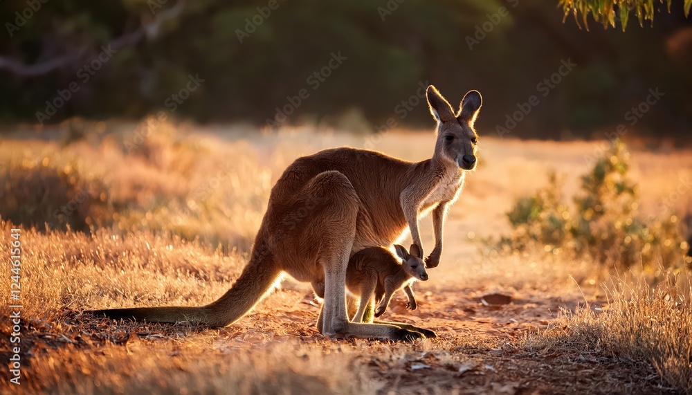 Wild and Playful Kangaroo Mother Tending to her Joey in an Australian Outback Sunset, Showcasing Warm Amber Glows and Rugged Terrain. Wild and Playful Kangaroo Mother Tending to her Joey in an Australian Outback Sunset, Showcasing Warm Amber Glows and Rugged Terrain.