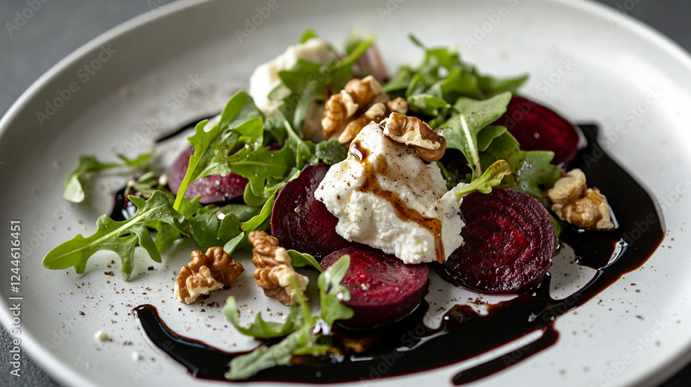 Gourmet salad plated with leafy greens, roasted beets, crumbled goat cheese, and caramelized walnuts, styled in an upscale dining presentation Gourmet salad plated with leafy greens, roasted beets, crumbled goat cheese, and caramelized walnuts, styled in an upscale dining presentation