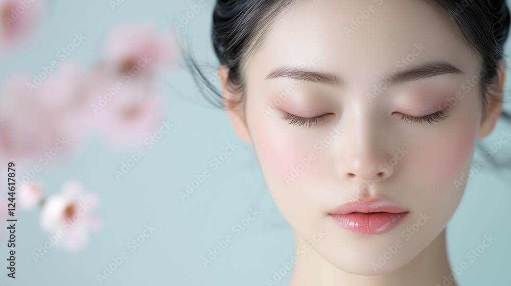 Serene Beauty: A close-up portrait of a young woman with a serene expression, her eyes closed, delicate makeup, and soft, natural lighting. The background features delicate pink blossoms. Serene Beauty: A close-up portrait of a young woman with a serene expression, her eyes closed, delicate makeup, and soft, natural lighting. The background features delicate pink blossoms.
