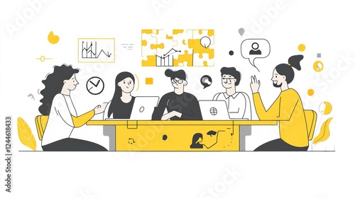 Team of 5 brainstorm in a bright office, using laptops, discussing data, perfect for teamwork concepts