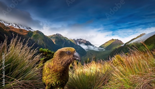 Stunning Closeup of a Kea Parrot against lush Green New Zealand Forest Backdrop, showcasing Vibrant Plumage and Inquisitive Expression, Captured in the Heart of NZs Wildlife. photo