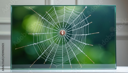 Captivating Frames: Delicate Spider Web with Glistening Water Droplets on Glass Surface photo