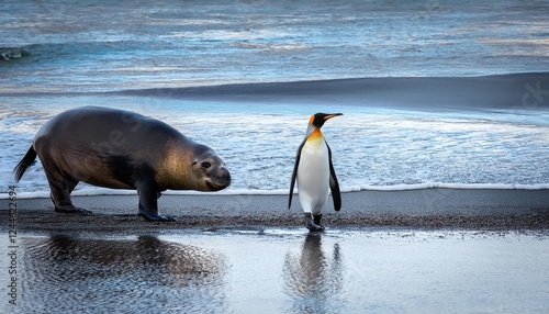 Strolling King Penguin Amidst Majestic Elephant Seal on St. Andrews Bay Beach at Sunrise, South Georgia Islands Spectacular Wildlife Moment Captured in Vivid Winter Light. photo