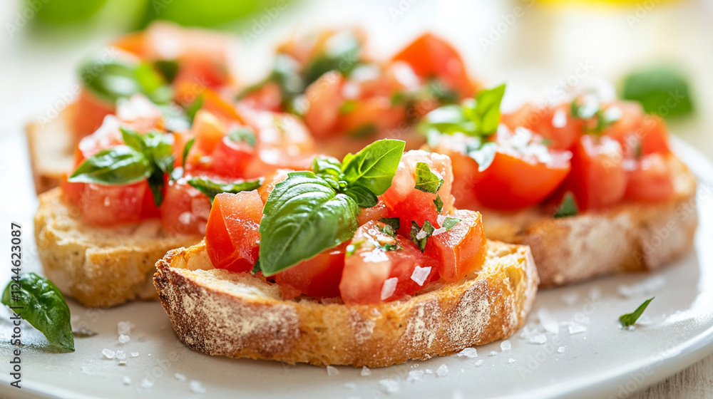 Close-up of fresh bruschetta topped with cherry tomatoes, basil, and mozzarella, arranged on a rustic wooden serving board Close-up of fresh bruschetta topped with cherry tomatoes, basil, and mozzarella, arranged on a rustic wooden serving board