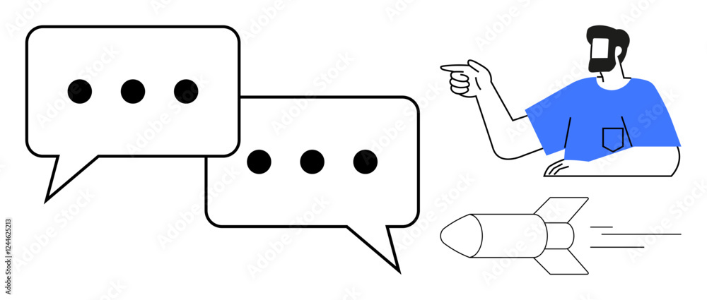 Two speech bubbles with ellipses, a stylized person pointing, and a rocket represent communication, guidance, innovation, and progress. Ideal for business strategy, teamwork, tech growth leadership Two speech bubbles with ellipses, a stylized person pointing, and a rocket represent communication, guidance, innovation, and progress. Ideal for business strategy, teamwork, tech growth leadership
