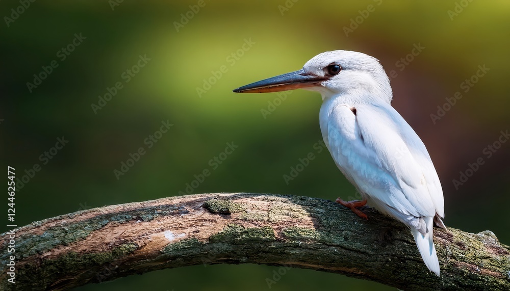 Obraz premium Vivid and Majestic Kingfisher Perched on a Dappled Branch, Surrounded by the Lush Green Canopy of a Tropical Rainforest under the Glistening Sunlight.