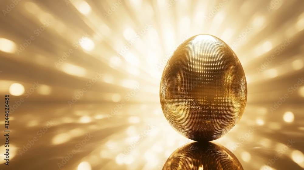 Obraz premium Golden Disco Easter Egg as a 3D golden disco ball, shining intensely in the center of an abstract scene filled with dazzling golden light and dynamic sparkles. Concept of party and celebration.