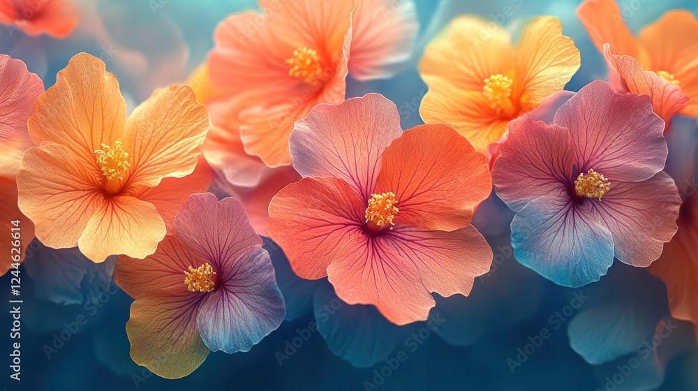 A vibrant display of hibiscus flowers in soft pastel colors. A vibrant display of hibiscus flowers in soft pastel colors.