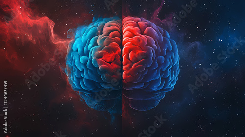 Dual-colored brain in vivid red and blue, set against a cosmic backdrop, symbolizing creativity and logic in harmony. Dream Logic & Surrealism. Illustration photo