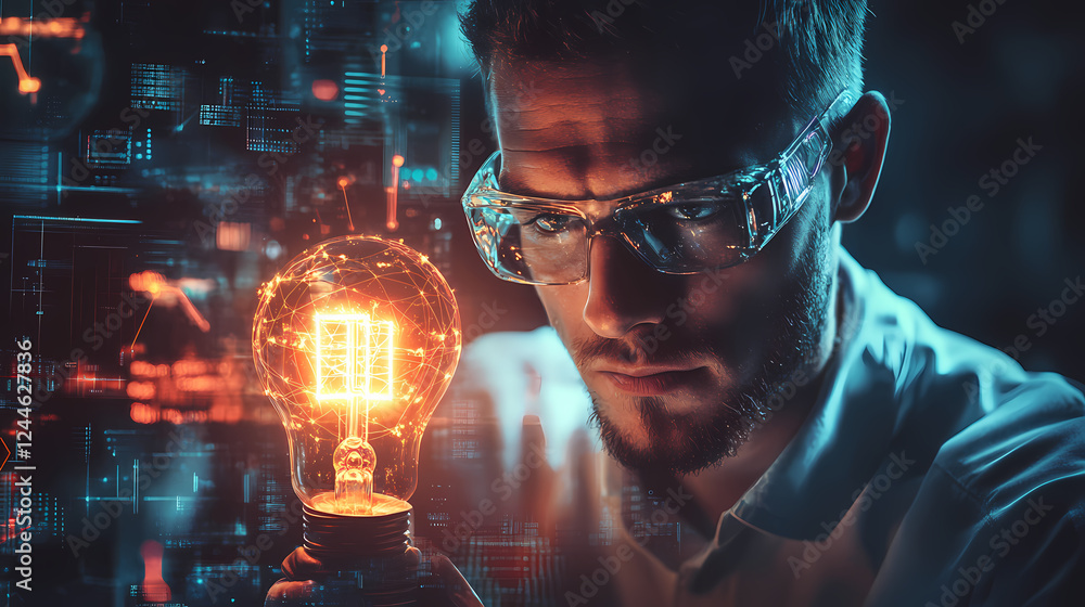 custom made wallpaper toronto digitalInventive engineer examines glowing bulb and circuitry studio setting. Dream Logic & Surrealism. Illustration