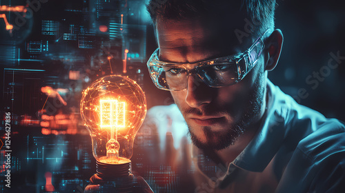 Wallpaper Mural Inventive engineer examines glowing bulb and circuitry studio setting. Dream Logic & Surrealism. Illustration Torontodigital.ca