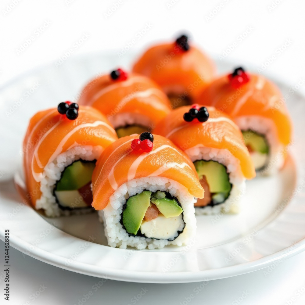 Plate of sushi rolls on a white background. Salmon, avocado, cream cheese, black and red caviar Plate of sushi rolls on a white background. Salmon, avocado, cream cheese, black and red caviar