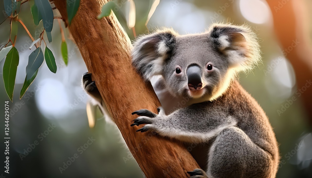 Naklejka premium Striking Koala Clinging to Eucalyptus Tree in Lush Australian Outback at Dusk, Capturing a Moment of Serene Wildlife Intimacy Amidst the Glowing Golden Hour.