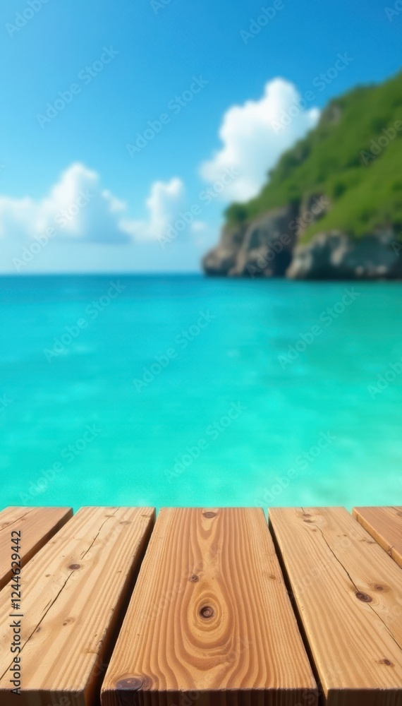 Fototapeta premium Rustic wood tabletop over blurry turquoise sea and bright sky, travel, sun, blue