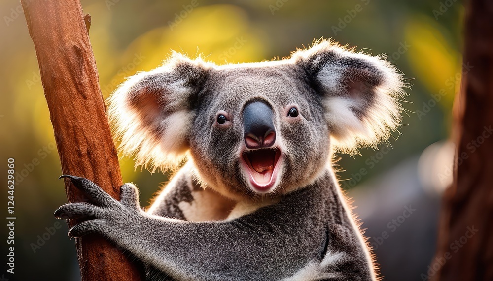 Fototapeta premium Relaxed and Contented Koala Resting Amongst the Gum Trees, Capturing the Tranquil Australian Bushlands Serene Beauty.