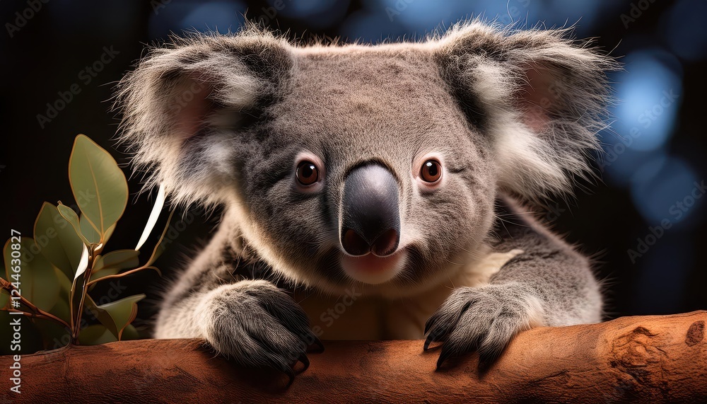 Naklejka premium Enchanting Koala Snuggled in Australian Eucalyptus at Dusk, Radiating Peace and Serenity under a Soft Sunset Sky