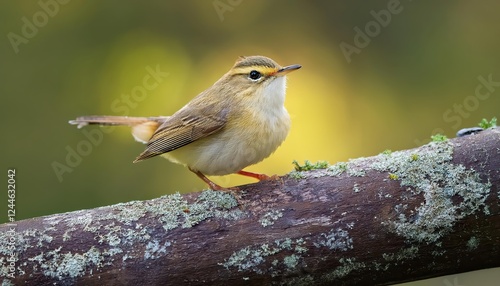 Vibrant Eastern Crowned Warbler in Tropical Rainforest Canopy, Striking against a Lush Green Backdrop, with Emerald Feathers Glowing under the Sunlight