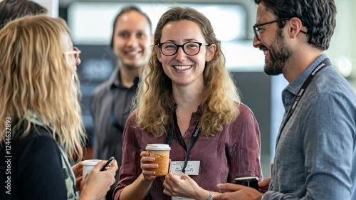 Energetic office team engaging in a friendly conversation over coffee at a networking event
