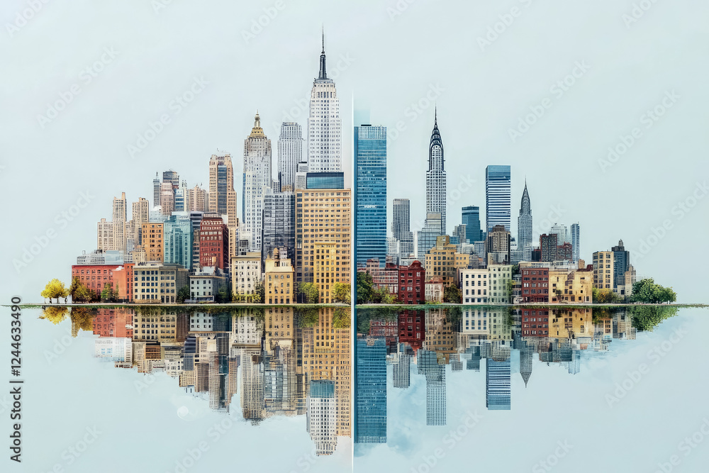 Obraz premium Ilustration of the buildings of a city reflected in the water