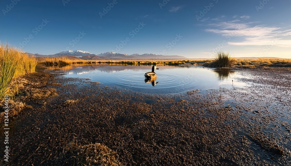 Obraz premium Serene Moment A Majestic Duck Swims Across the Tranquil Lake in the Pampas Lagoon Environment, La Pampa Province, Patagonia, Argentina