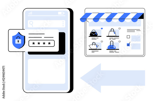 Mobile phone with password authentication and secure login, next to an online shopping website with various products. Ideal for e-commerce security, online transactions, digital retail, mobile