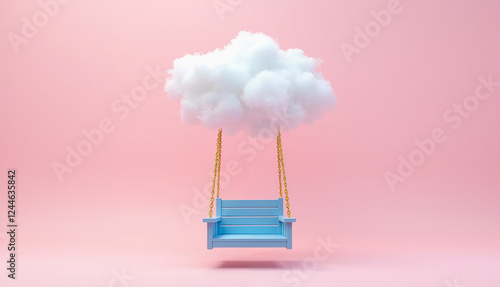 Dreamy swinging bench under cloud minimalist pink background creative conceptual image whimsical viewpoint