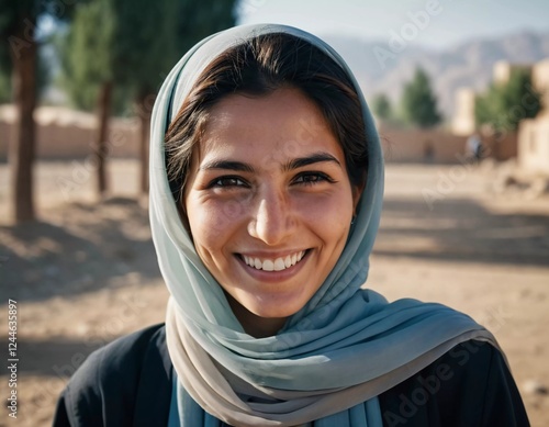 A woman from Afghanistan beams with joy, showcasing her warm smile. Dressed in traditional attire, she represents the vibrant culture of her community, radiating positivity. Generative AI photo