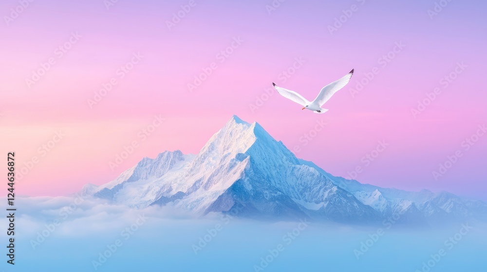 Fototapeta premium Seagull flying over snowy mountain peak at sunrise; peaceful landscape