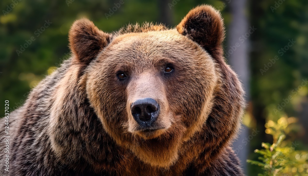 Majestic Carpathian Brown Bear Portrait in a European Woodland Dusk, Depicting Power and Serenity amidst the Enchanting Wilderness of Romania at Twilight. Majestic Carpathian Brown Bear Portrait in a European Woodland Dusk, Depicting Power and Serenity amidst the Enchanting Wilderness of Romania at Twilight.