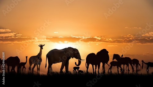 Majestic Gathering of African Fauna A Safari Row of Wildlife in Striking Isolation, Set against the Serengetis Golden Hour photo