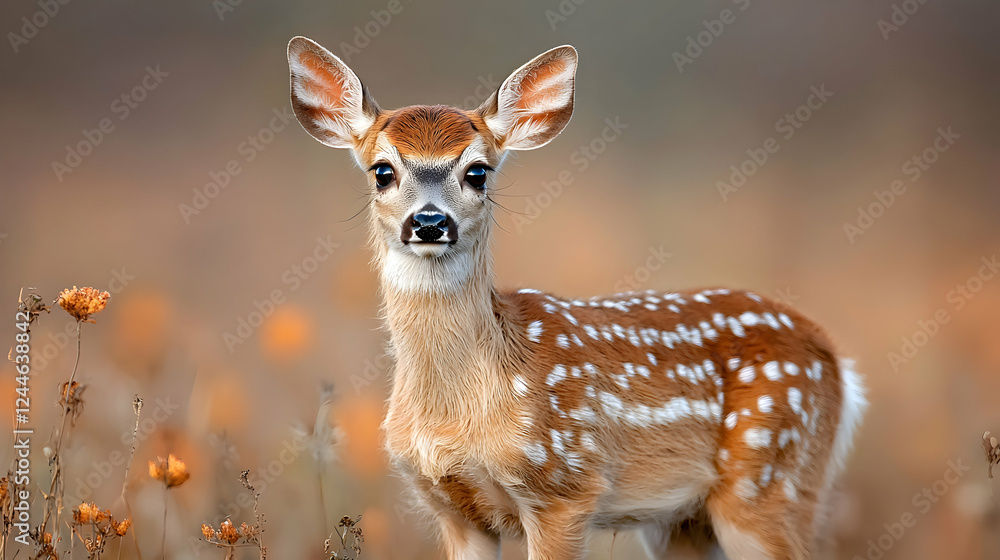 Fawn in autumn field, wildlife portrait, nature background, suitable for wildlife calendars