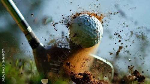 A golf ball flies in slow motion after being hit by a club, with dirt scattering in all directions