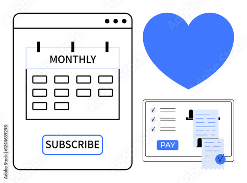 Calendar with monthly schedule, subscribe button, tablet displaying pay button, printed receipt, large blue heart. Ideal for subscription services, payment processing, billing, digital services