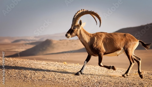 Striking Closeup of a Majestic Ibex Running Across a SandSwept Negev Desert Landscape at Dusk photo