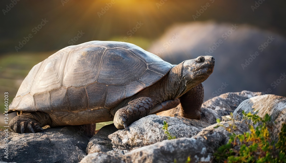 Majestic Green Sea Turtle Basking on Rough Rocky Shoreline at Sunset, Capturing Tranquil Serenity and Coastal Beauty Majestic Green Sea Turtle Basking on Rough Rocky Shoreline at Sunset, Capturing Tranquil Serenity and Coastal Beauty