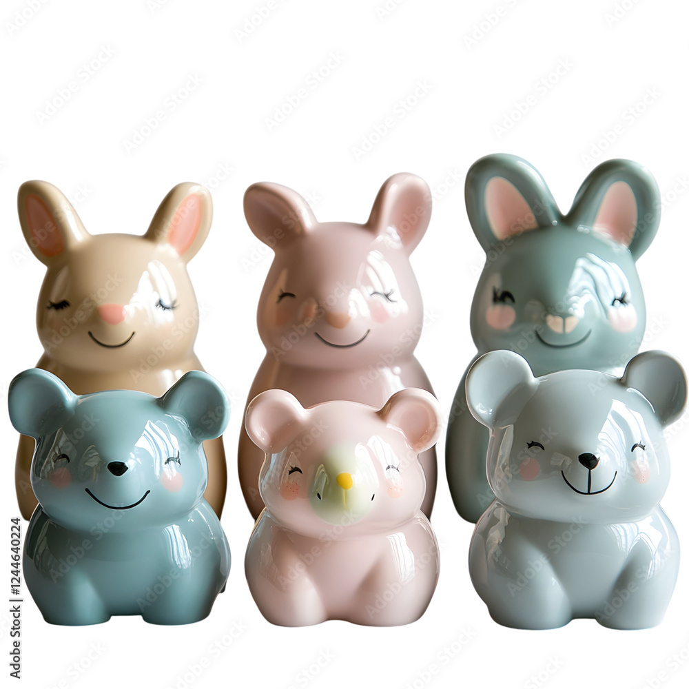 Group of Three Ceramic Animal Figurines in Glossy Pastel Finishes Isolated on Transparent Background Group of Three Ceramic Animal Figurines in Glossy Pastel Finishes Isolated on Transparent Background