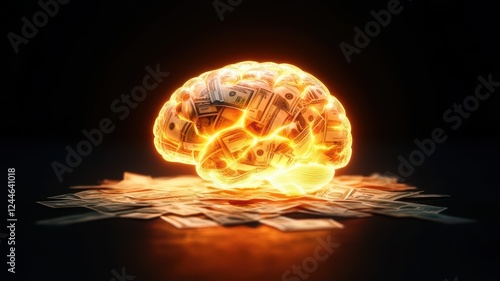 A glowing brain made of money sits on a dark surface, symbolizing the fusion of intellect and wealth.