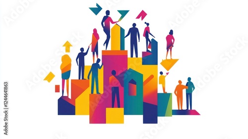 Colorful geometric figures ascend steps, interacting, on white background; for teamwork concept